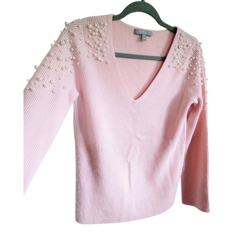 Neiman Marcus Cashmere Collection Pink Pearl Embellished V-Neck Sweater Small - Picture 5 of 12